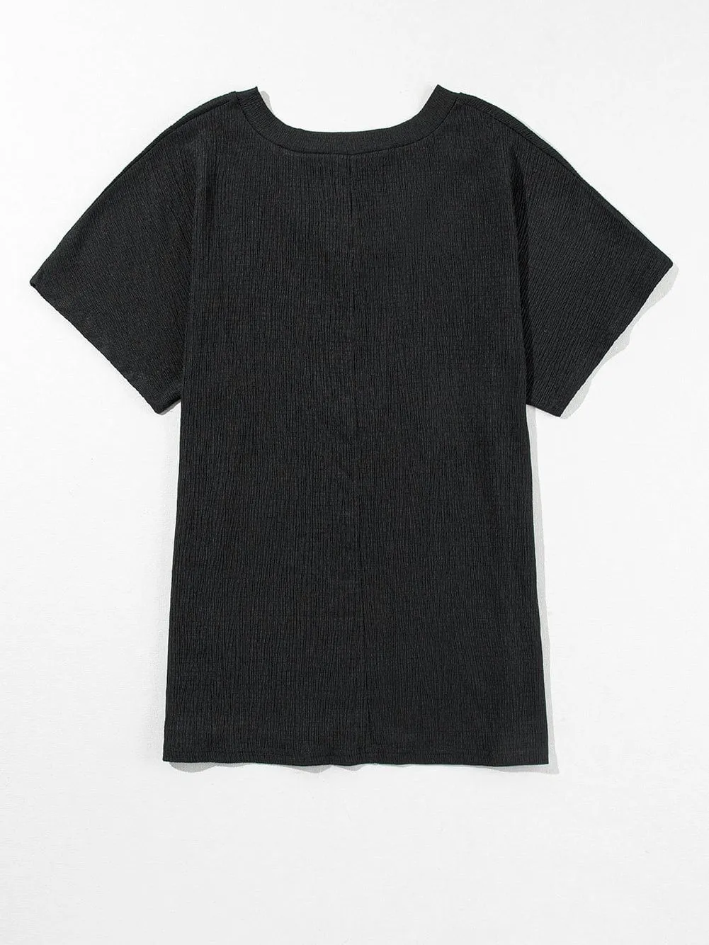 Black Crinkled V Neck Wide Sleeve Tee-Shirt with Breathable Fabric