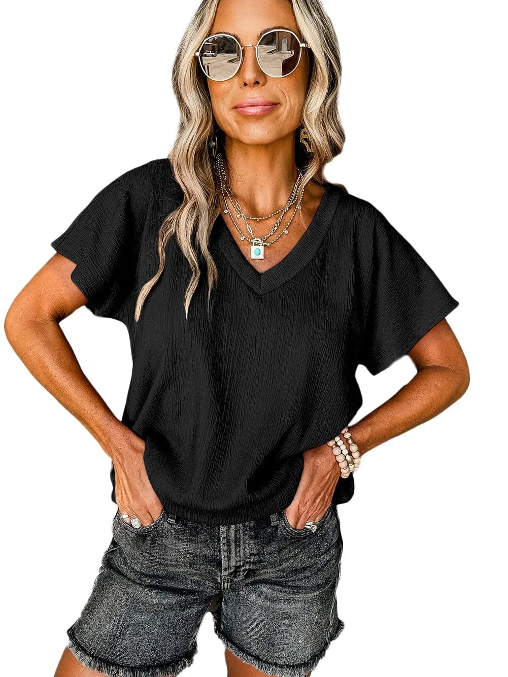 Black Crinkled V Neck Wide Sleeve Tee-Shirt with Breathable Fabric