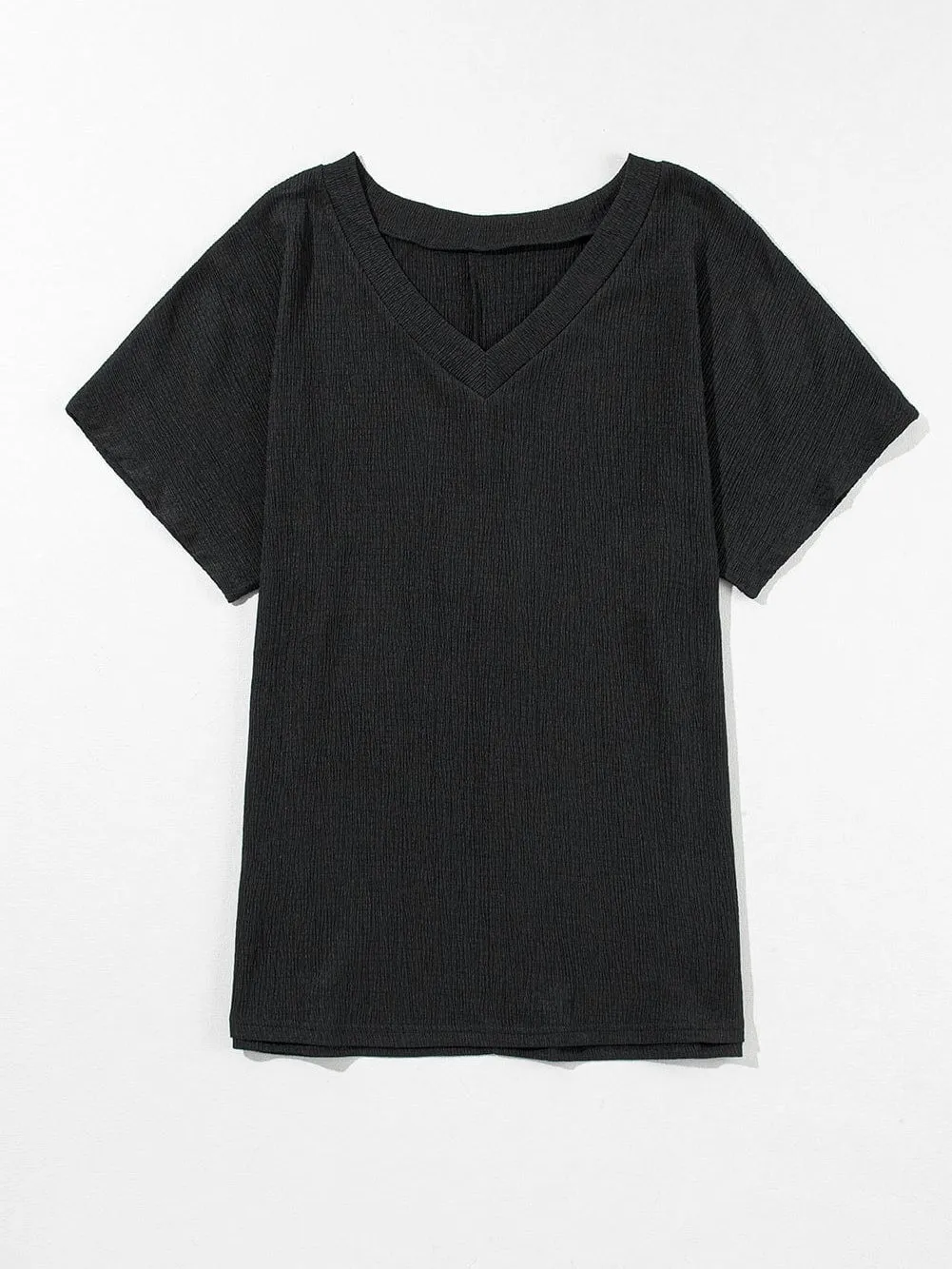 Black Crinkled V Neck Wide Sleeve Tee-Shirt with Breathable Fabric