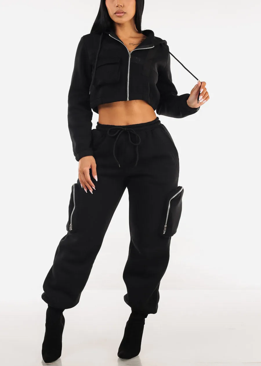 Black Cropped Zip Up Hoody