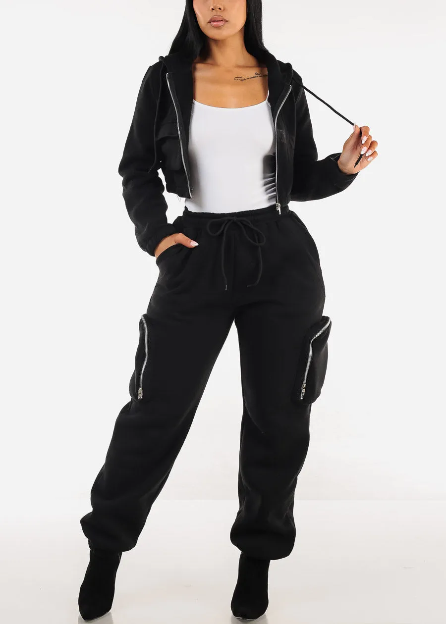 Black Cropped Zip Up Hoody