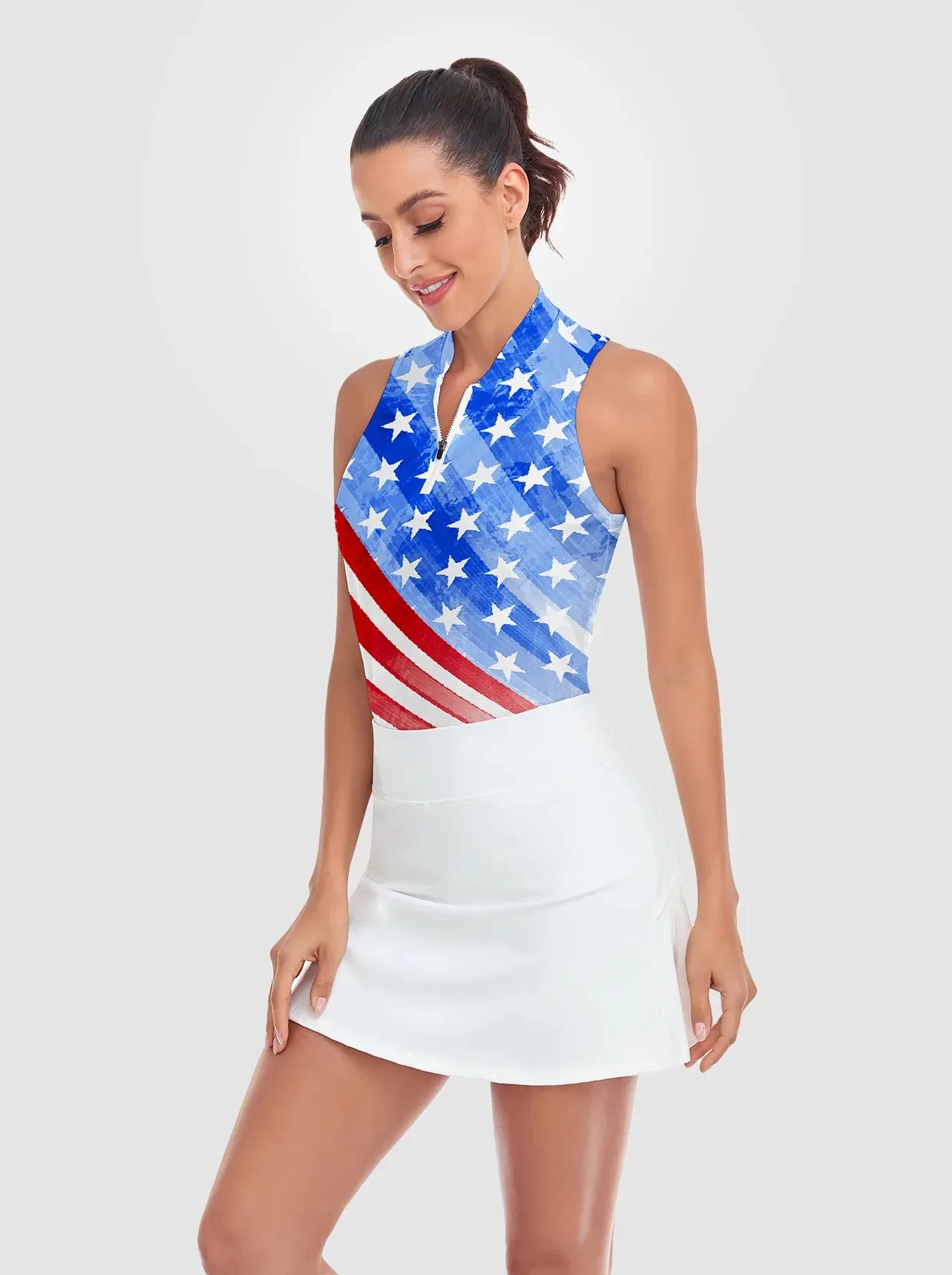 Blue Flag Print Quarter-zip Racerback Sleeveless Shirt For Women