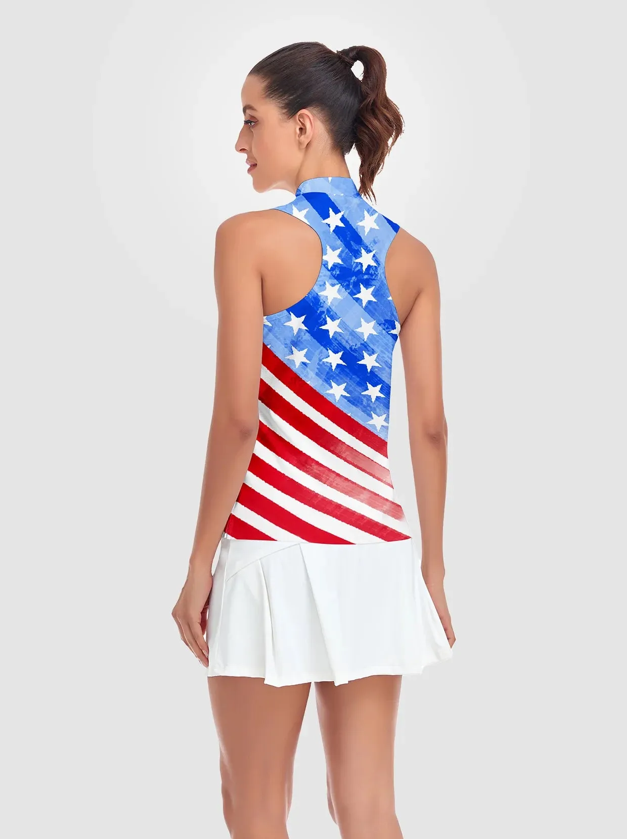 Blue Flag Print Quarter-zip Racerback Sleeveless Shirt For Women