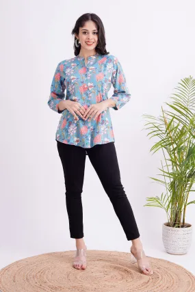 Breathable Rayon Casual Short Top Blue