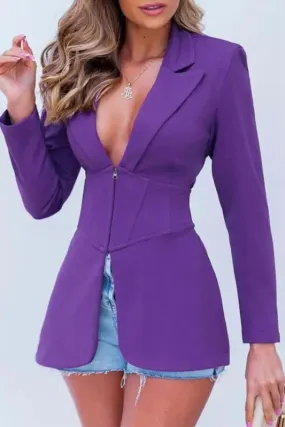 Cinched Waist Deep V Zip Up Blazer (S-2XL)