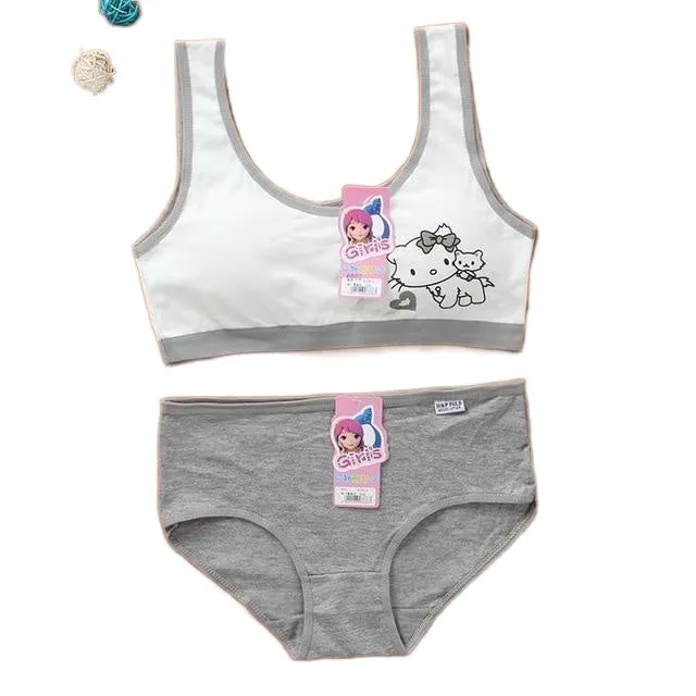 Comfortable Breathable Girls' Cartoon Pattern Cotton Underwear With Training Bra