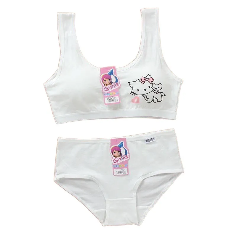 Comfortable Breathable Girls' Cartoon Pattern Cotton Underwear With Training Bra