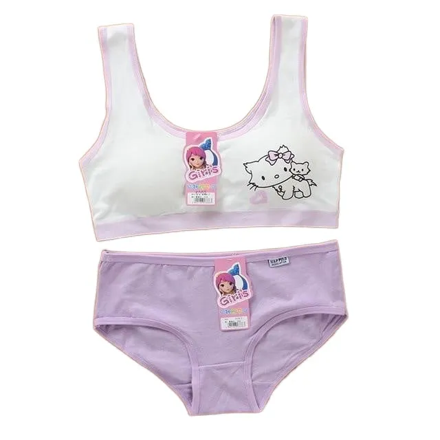 Comfortable Breathable Girls' Cartoon Pattern Cotton Underwear With Training Bra