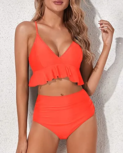 Comfortable High Waisted Tummy Control Swimsuits-Neon Orange