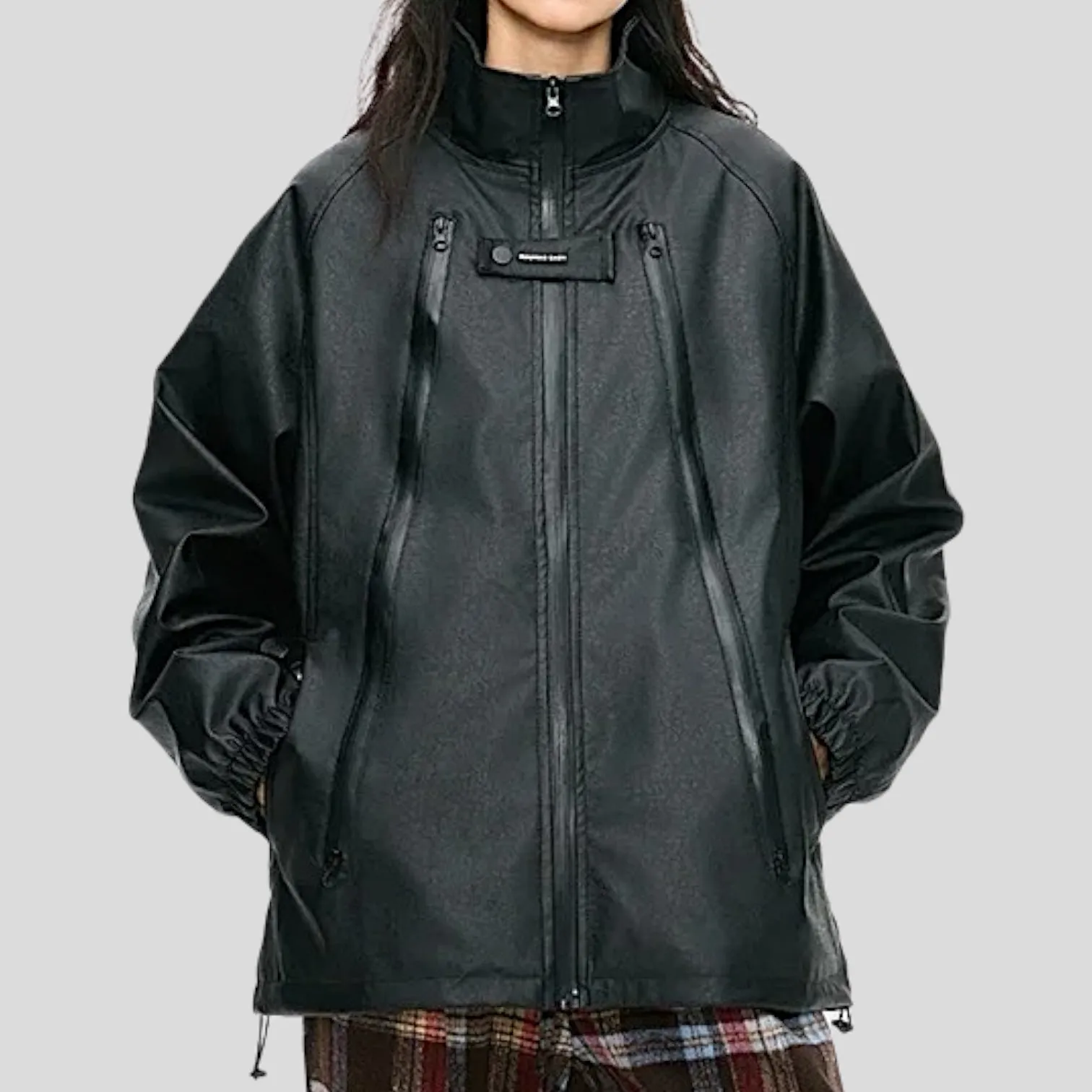 Faux leather oversized jacket with extra long zipper