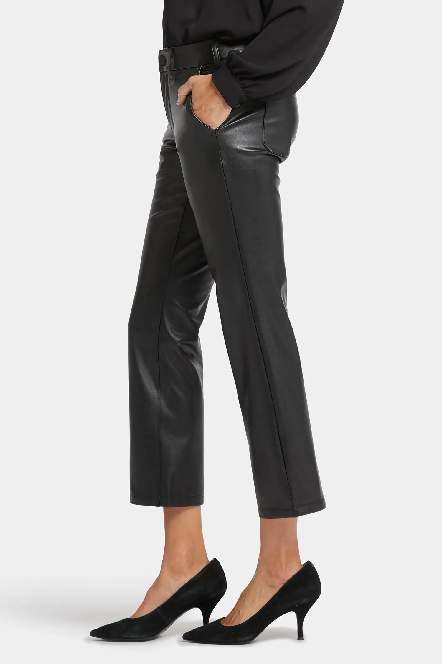 Faux Leather Straight Ankle Pants - Black