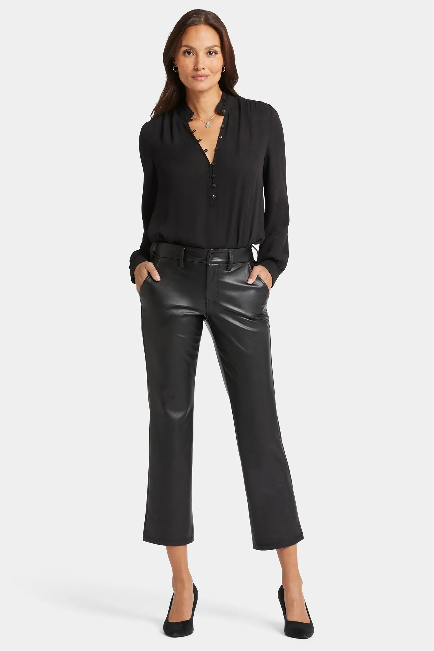 Faux Leather Straight Ankle Pants - Black