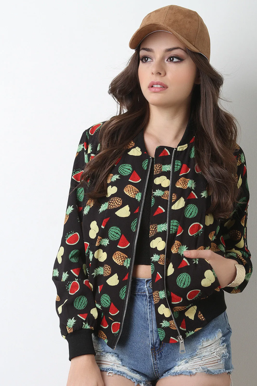 Fruit Print Zip Up Bomber Jacket