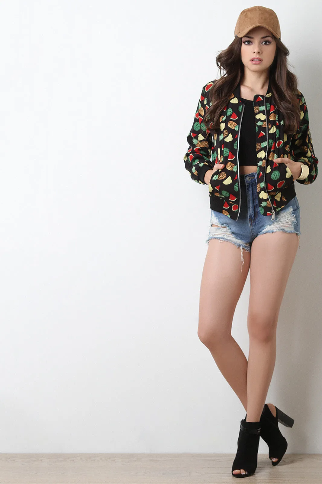 Fruit Print Zip Up Bomber Jacket