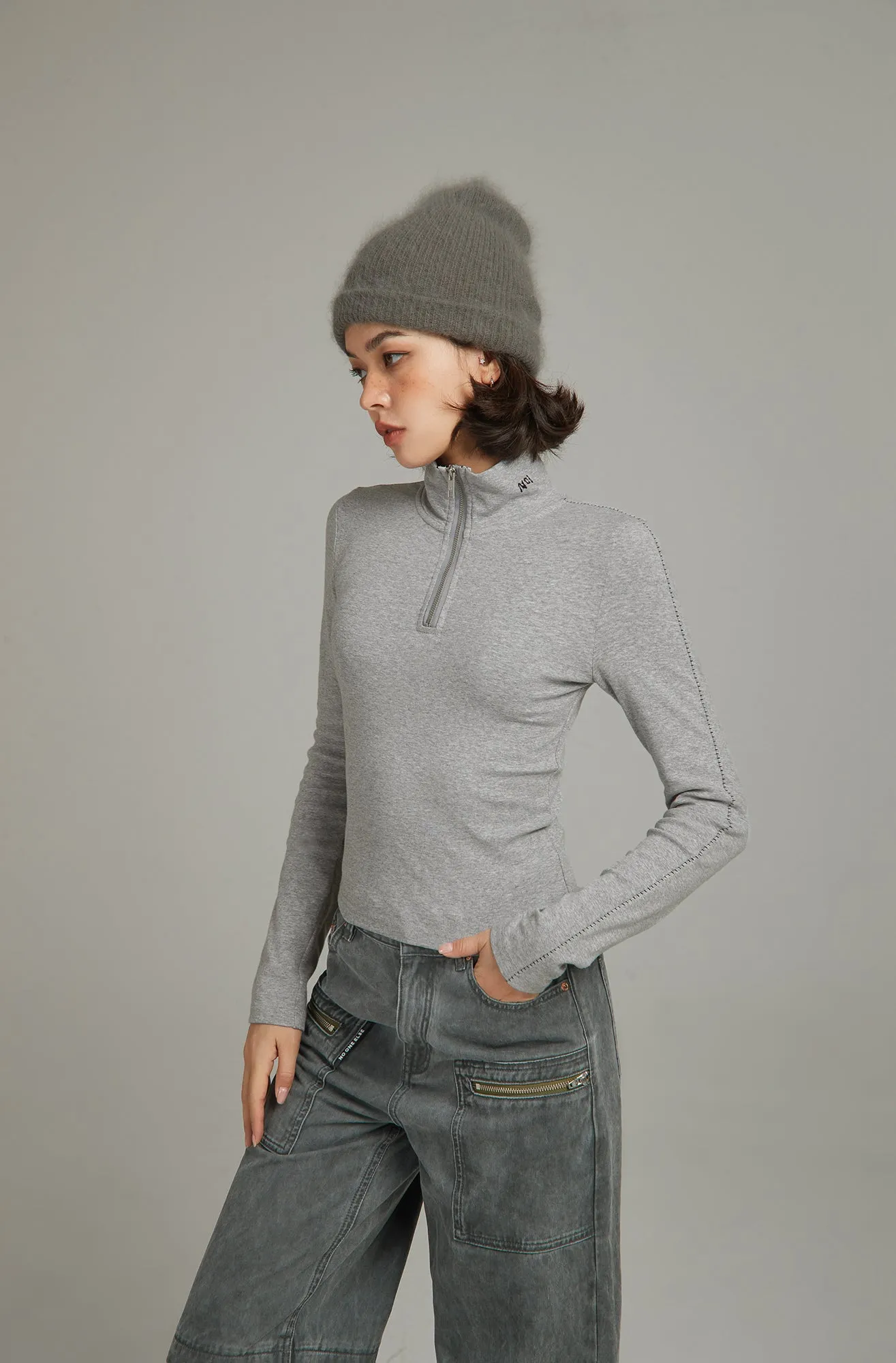 Half Zip Up High Neck Top