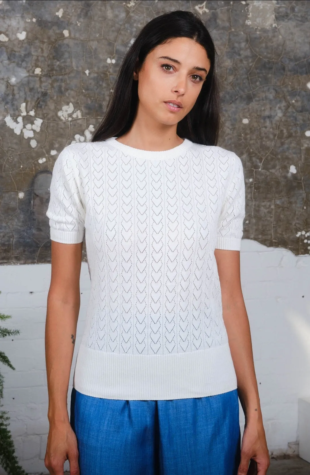 Heart Pointelle Short Sleeve Top