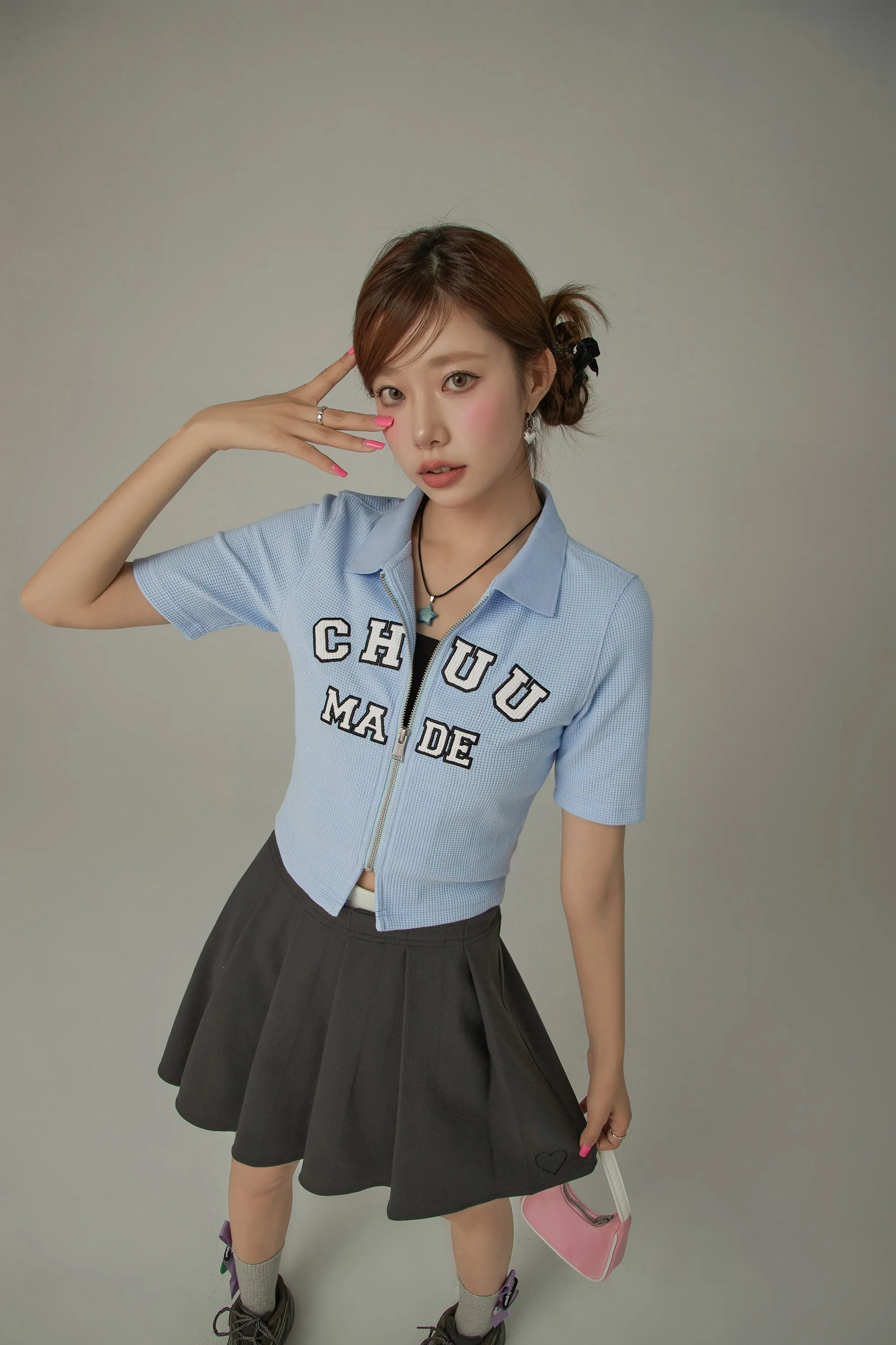 Logo Color Waffle Short Sleeve Zip-Up Top