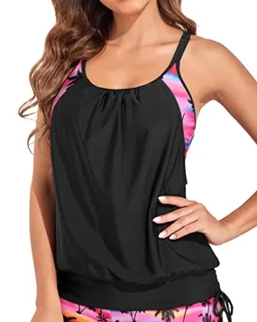 Loose & Long Blouson Tankini Swim Top Women-Black Conut Tree