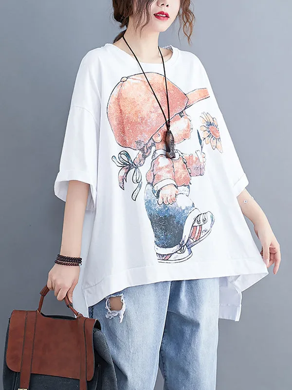 Original Cartoon Printed Round-Neck T-Shirts Tops