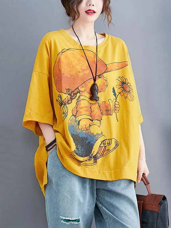 Original Cartoon Printed Round-Neck T-Shirts Tops