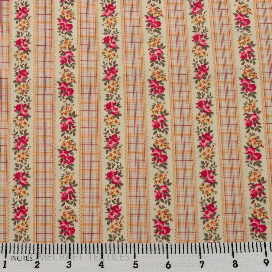 Peach Check Floral Stripe Cotton Print