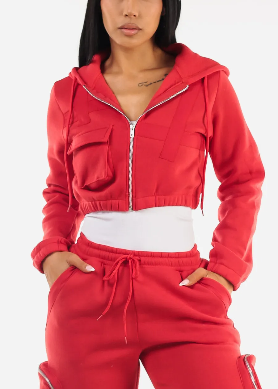 Red Cropped Zip Up Hoody