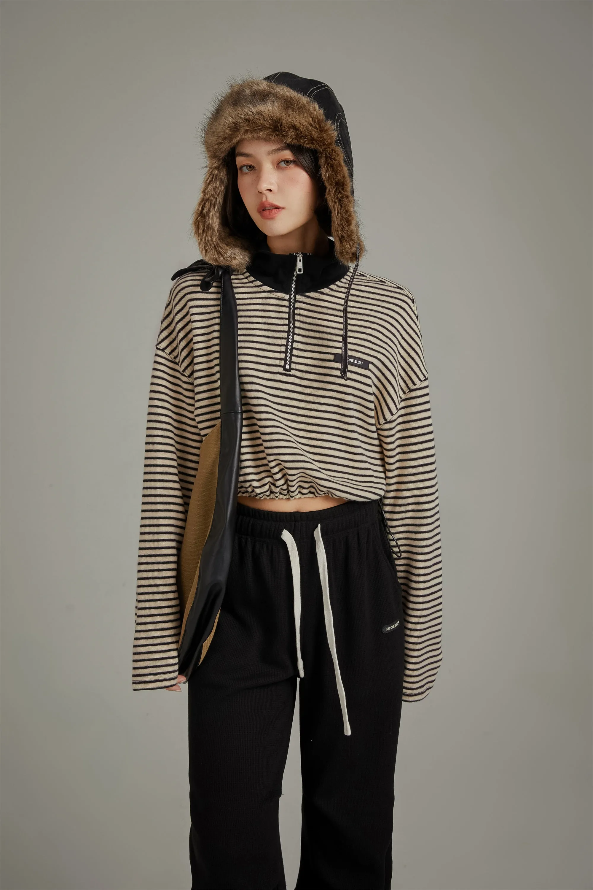 Striped Crop Half Zip-Up Top