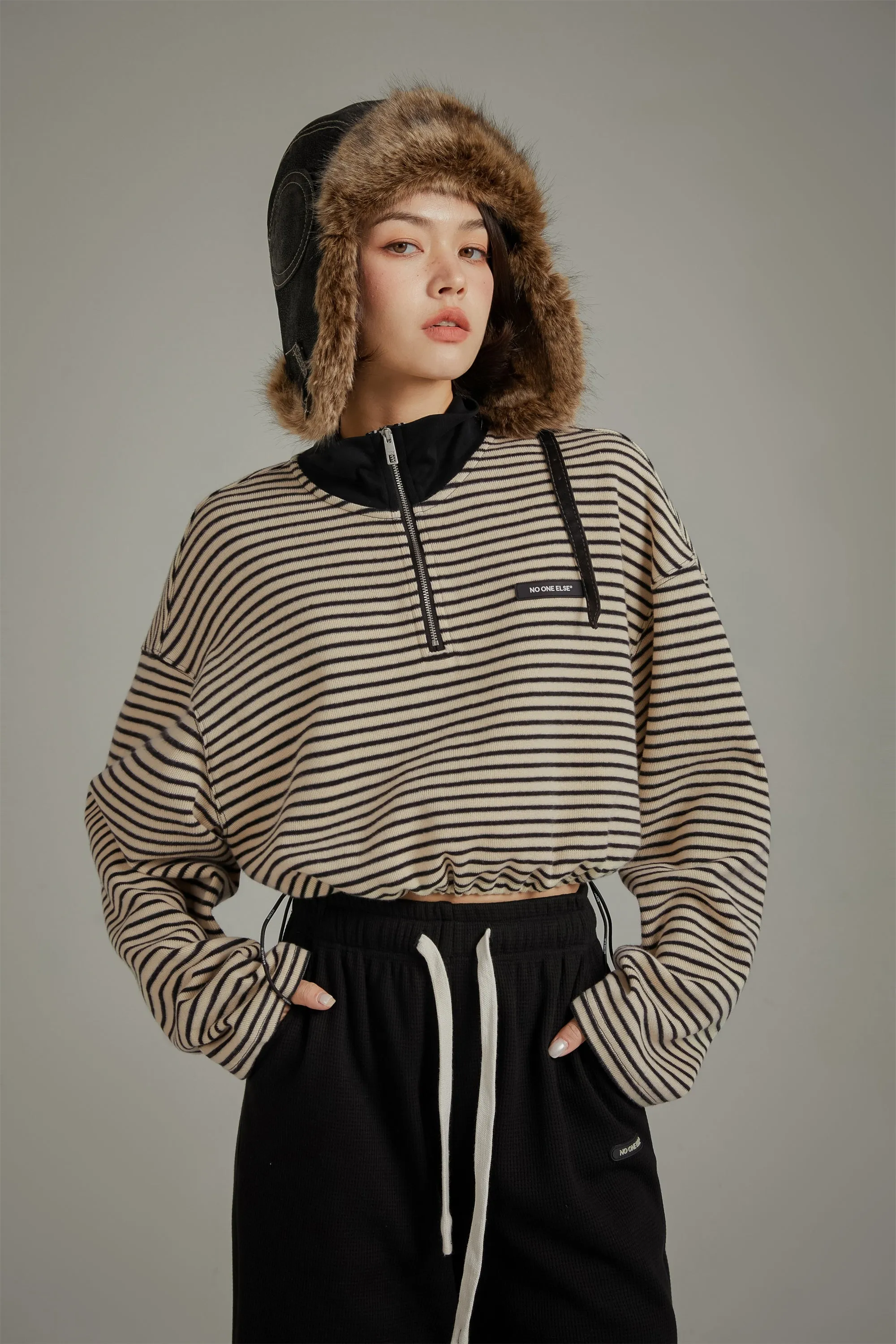 Striped Crop Half Zip-Up Top