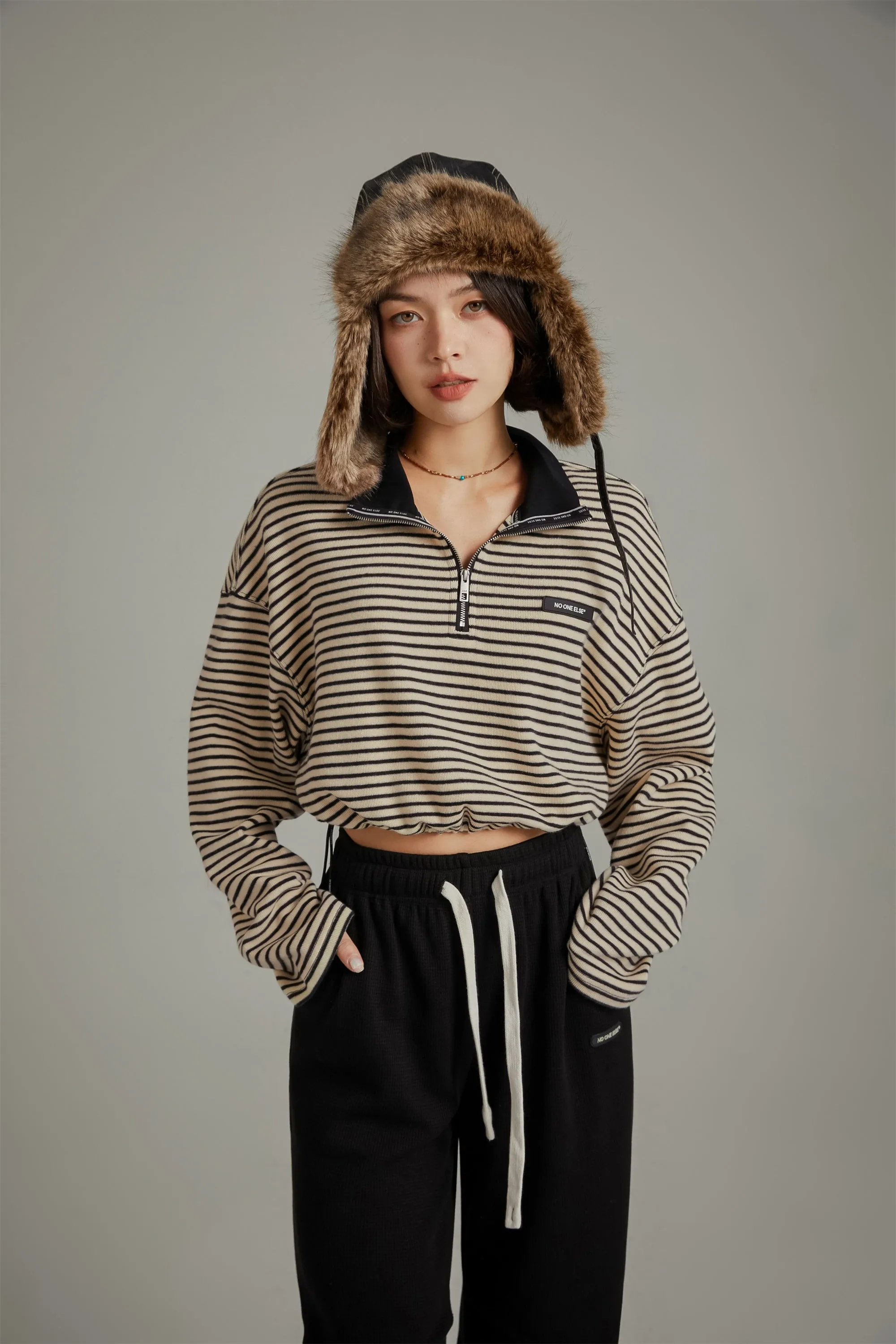 Striped Crop Half Zip-Up Top