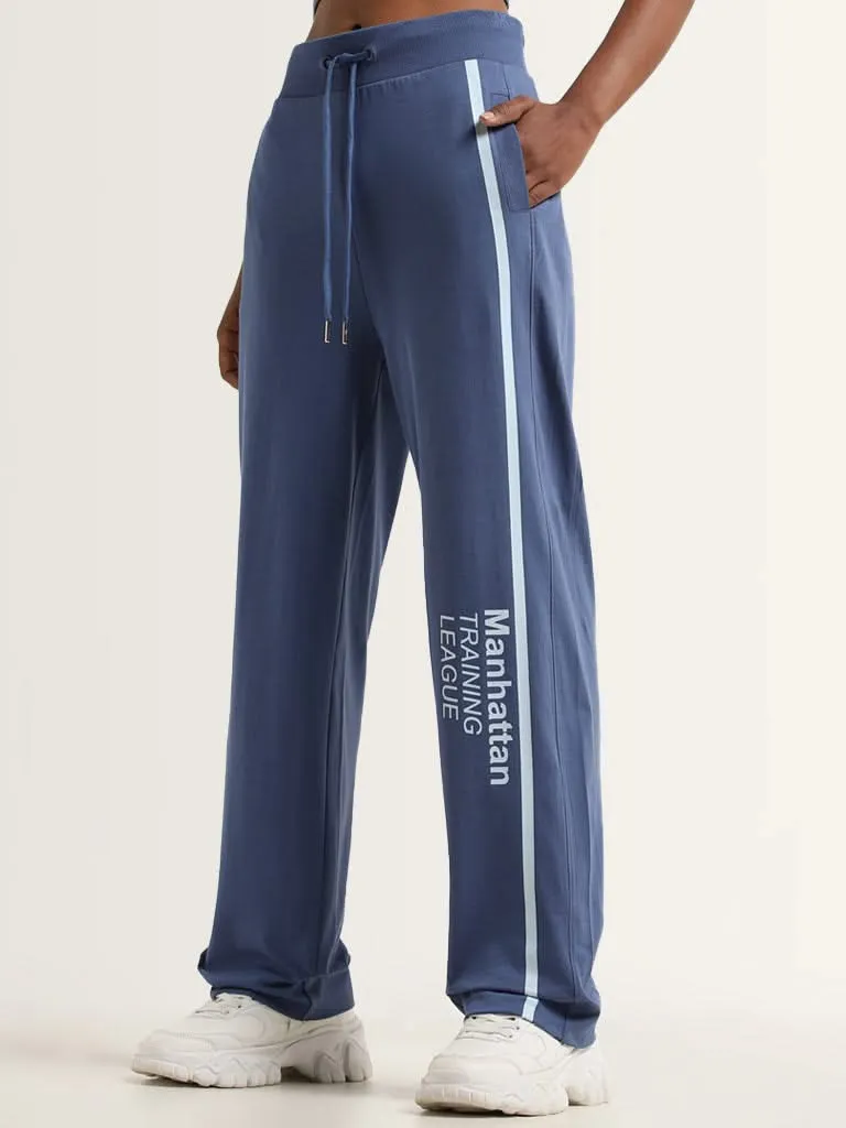 Studiofit Blue Text Design Mid Rise Cotton Track Pants