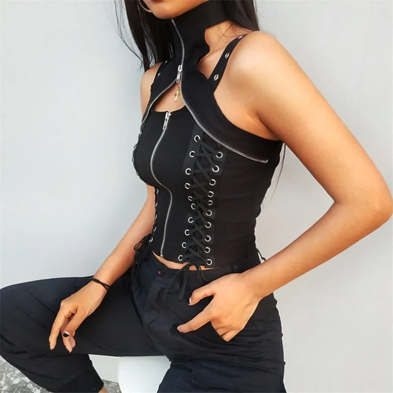 Techwear Zip Up Crop Top Black