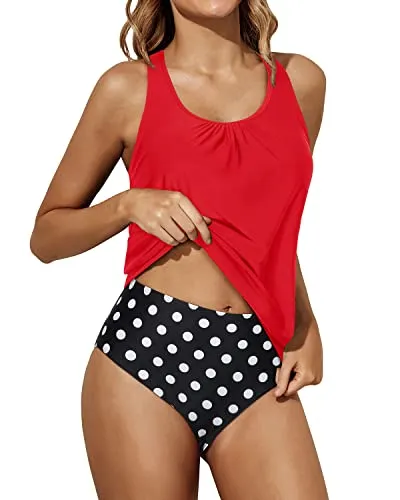 Tummy Control Tankini Bathing Suits Racerback Tank Tops Blouson Swimwear-Red Dot