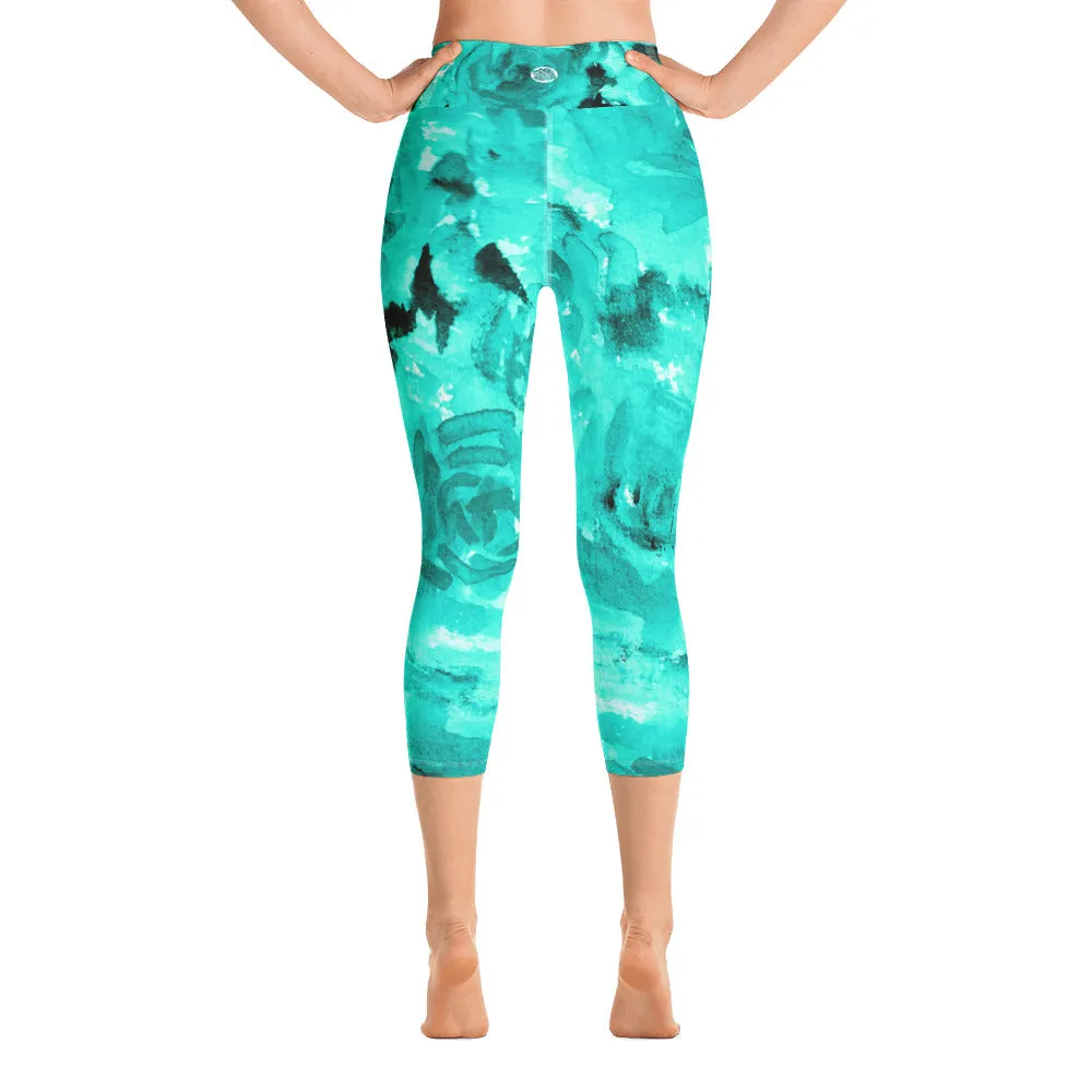 Turquoise Blue Floral Capris Tights, Best Floral Print Capri Leggings, Rose Print Women's Pants -Made in USA/ EU