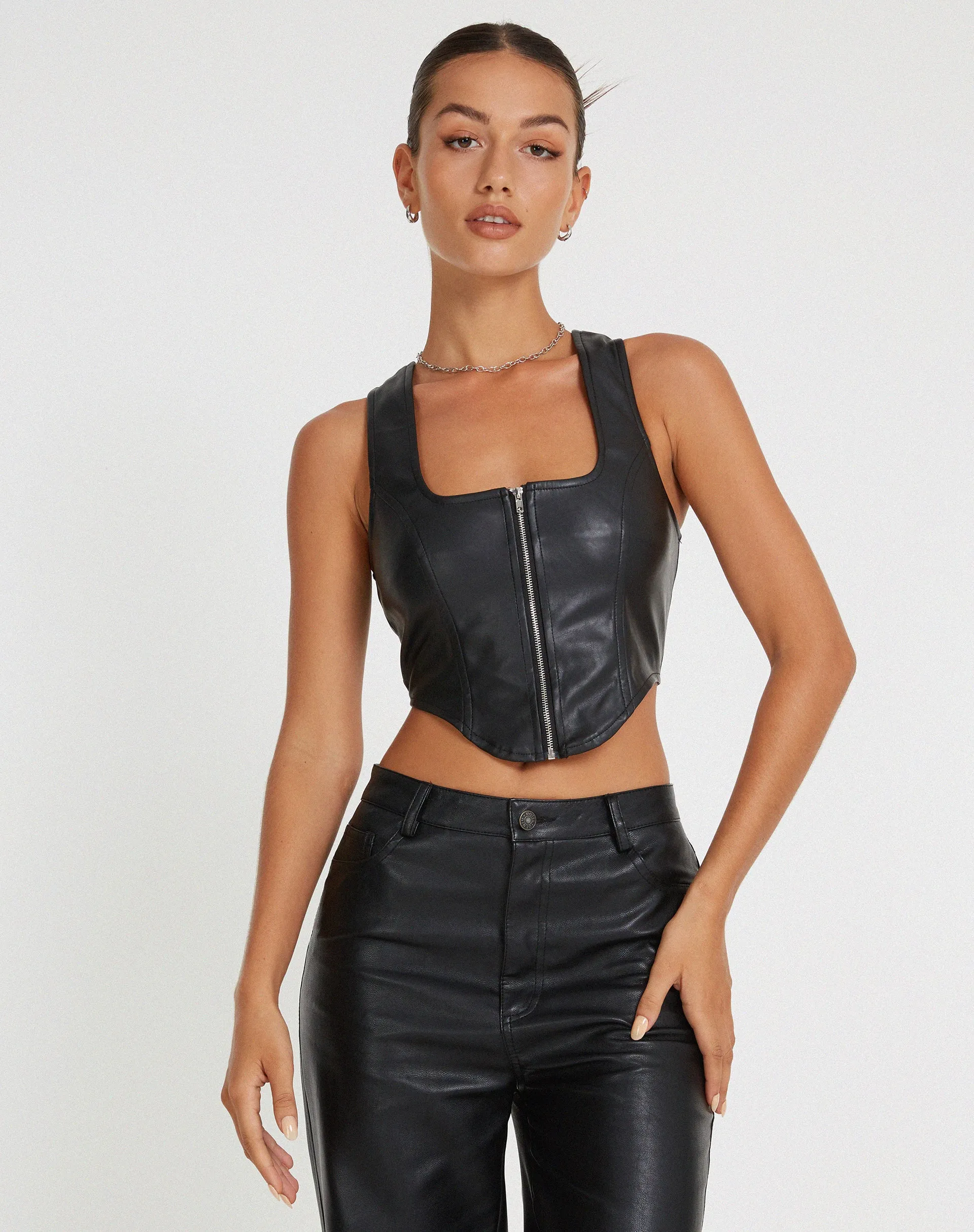 Velika Zip Up Corset in PU Black