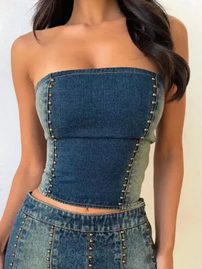 Vintage Blue Strapless Denim Zip-up Top