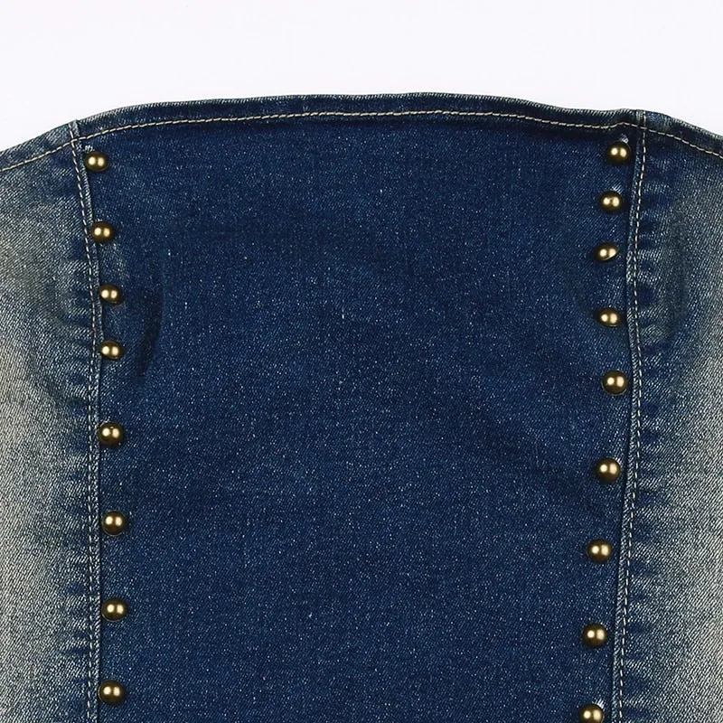 Vintage Blue Strapless Denim Zip-up Top