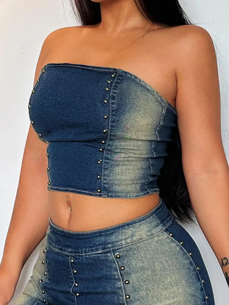 Vintage Blue Strapless Denim Zip-up Top