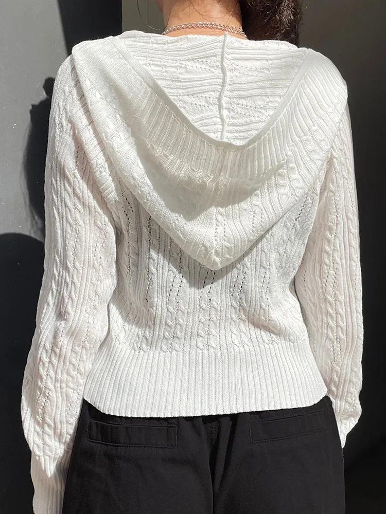 White Cardigans Knit Tops Zip-Up Hooded Sweater