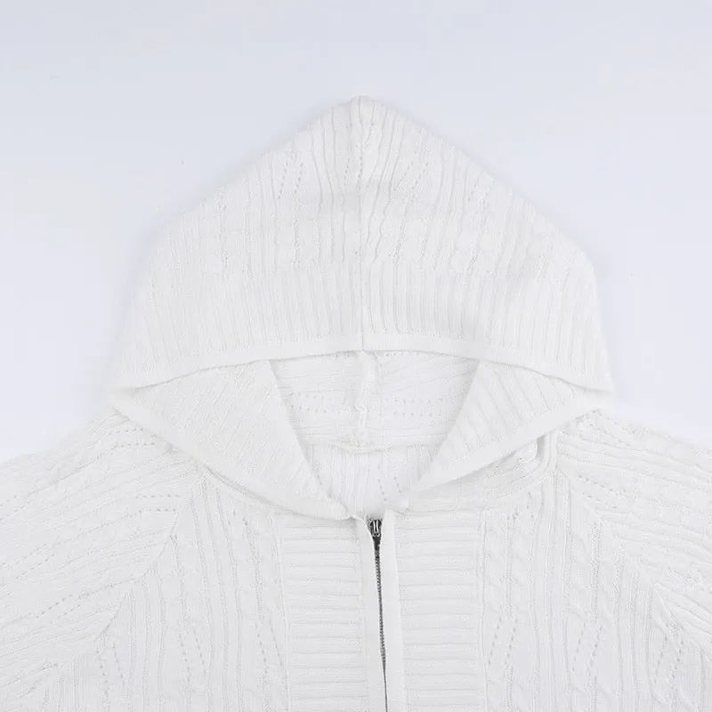 White Cardigans Knit Tops Zip-Up Hooded Sweater