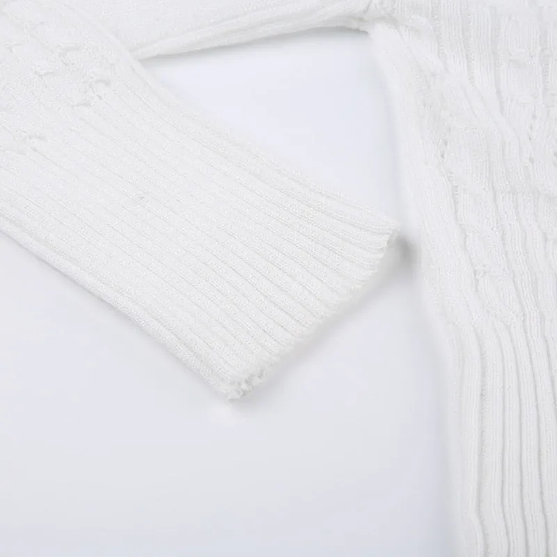 White Cardigans Knit Tops Zip-Up Hooded Sweater